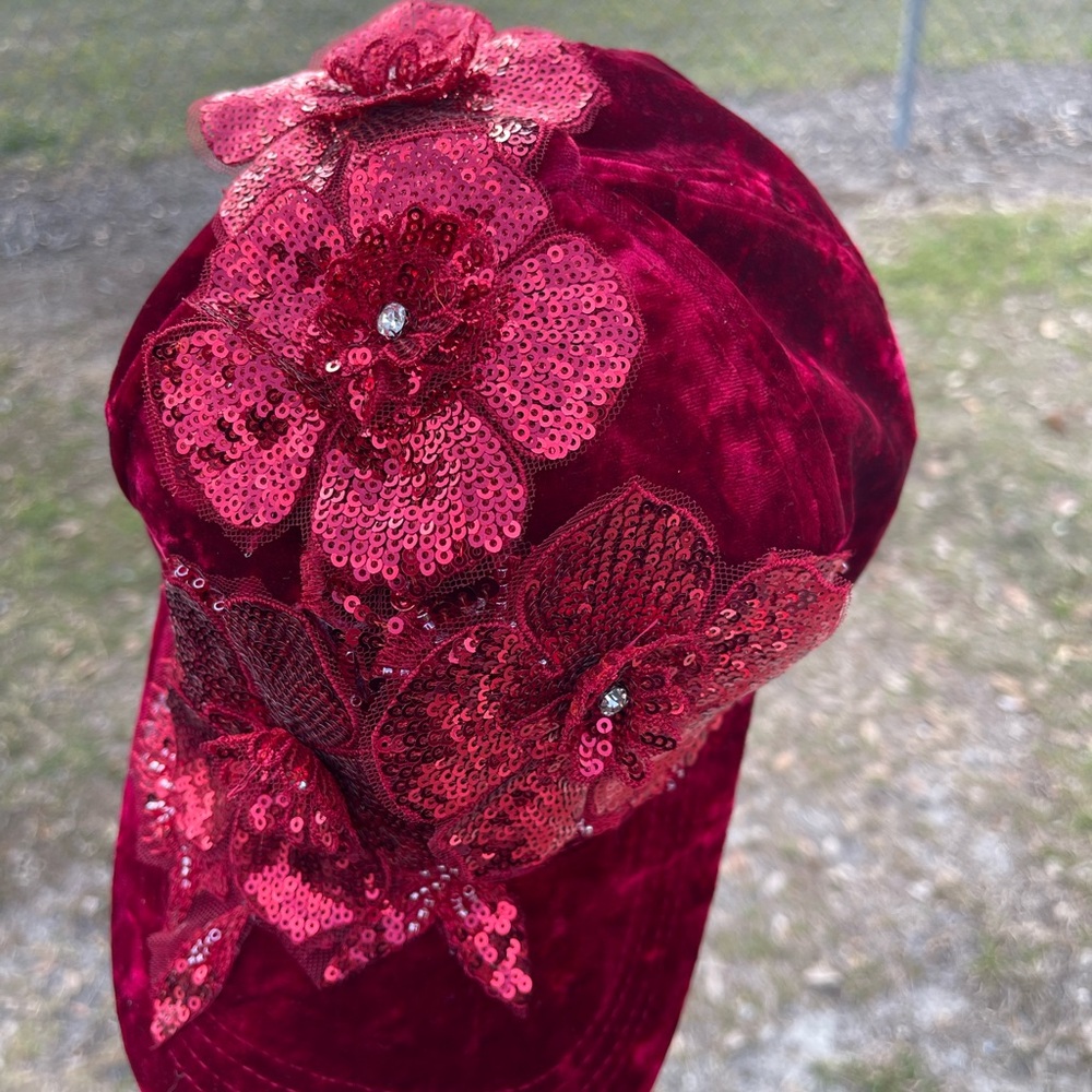 Elegant Sequin Floral Cap in Rich Burgundy
